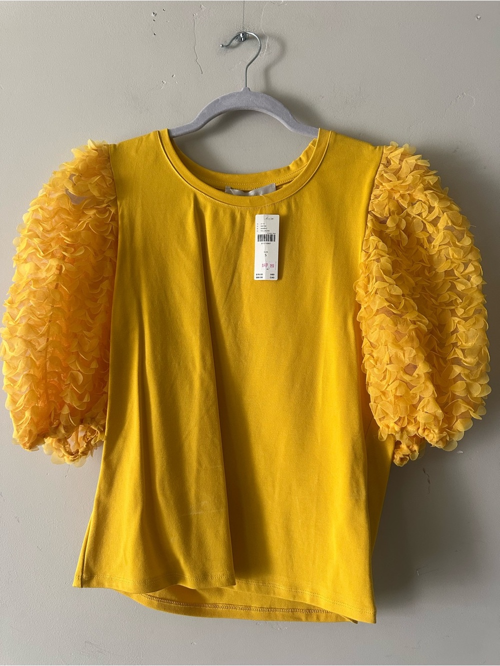 Anthropologie Yellow Puff Sleeve Floral Applique Top